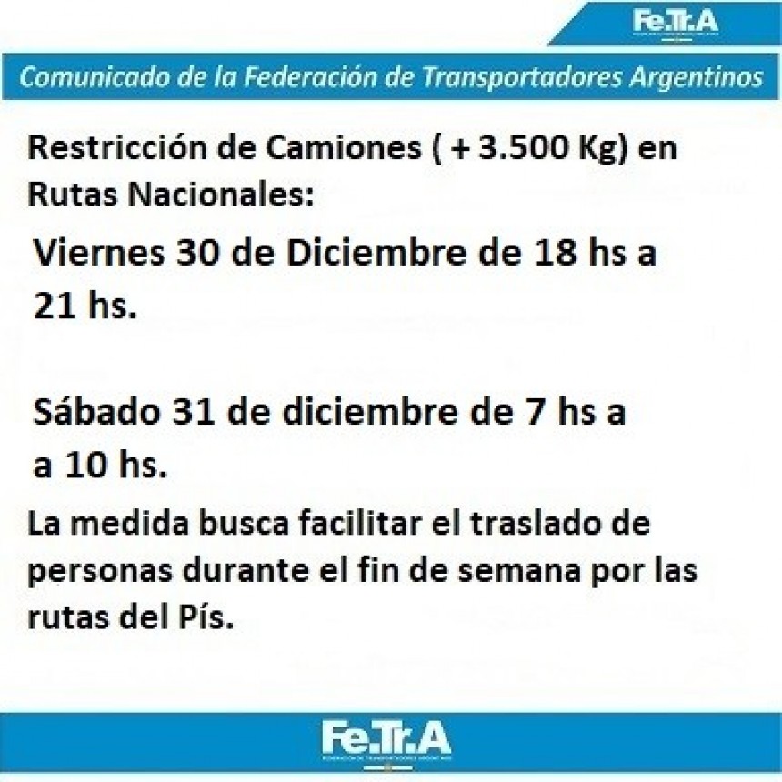 RESTRICCION A LA CIRCULACIÓN DE CAMIONES 30 y 31 de Diciembre 2022.