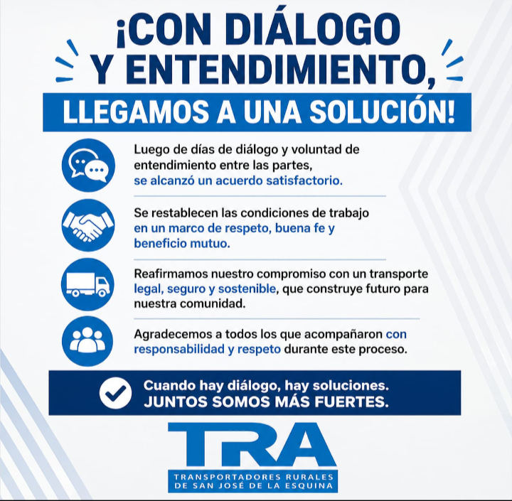 Con diálogo y entendimiento, se llego a una solución. TRA San José de la Esquina